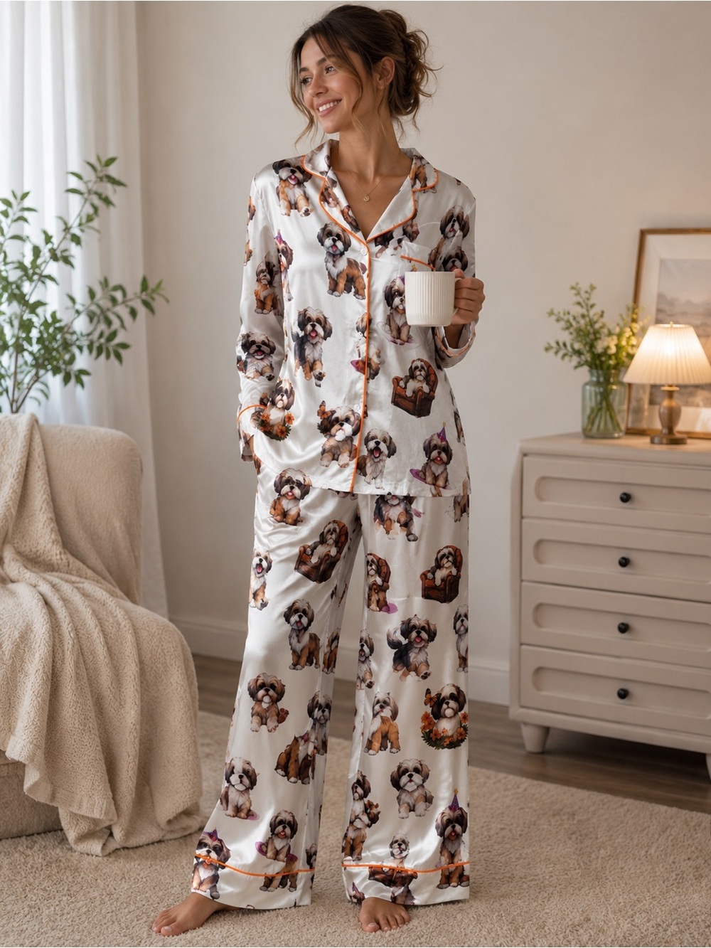 SHESHOW Shih Tzu Dog Print Satin Pajama Set XXL Long Sleeve Pants NWT
